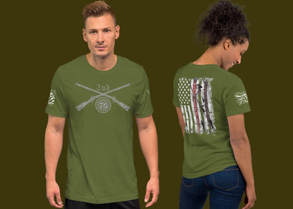 male and female model back view of 2nd Amendment Patriotic Tee 