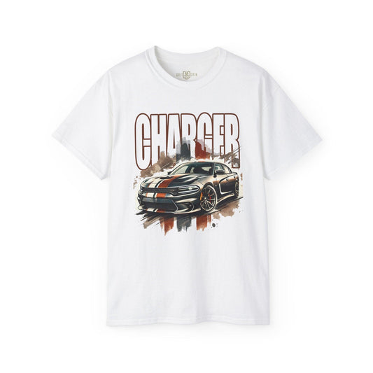 Dodge Charger Watercolor T-Shirt | Bold Muscle Car Art Tee | Vintage Racing Stripes Design - Grit & Grin