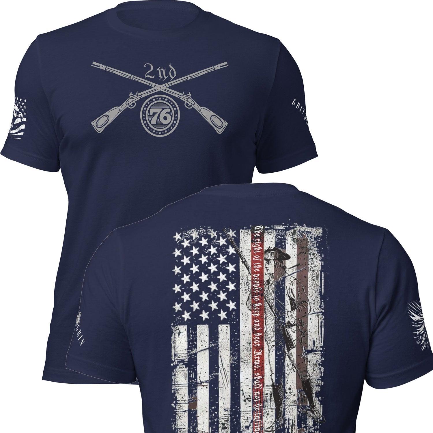 2nd Amendment Patriotic Tee front and back view of American flag and crossed rifles in the front