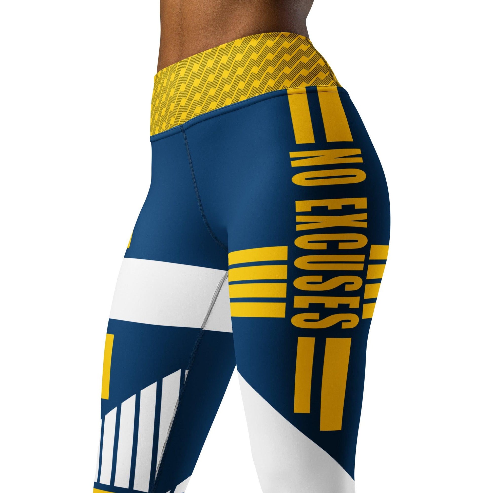 : Front view of Victory Flex Leggings - Navy Edition featuring Navy Blue, Gold, and White color blocks with "No Excuses" from Girt & Grin Apparel