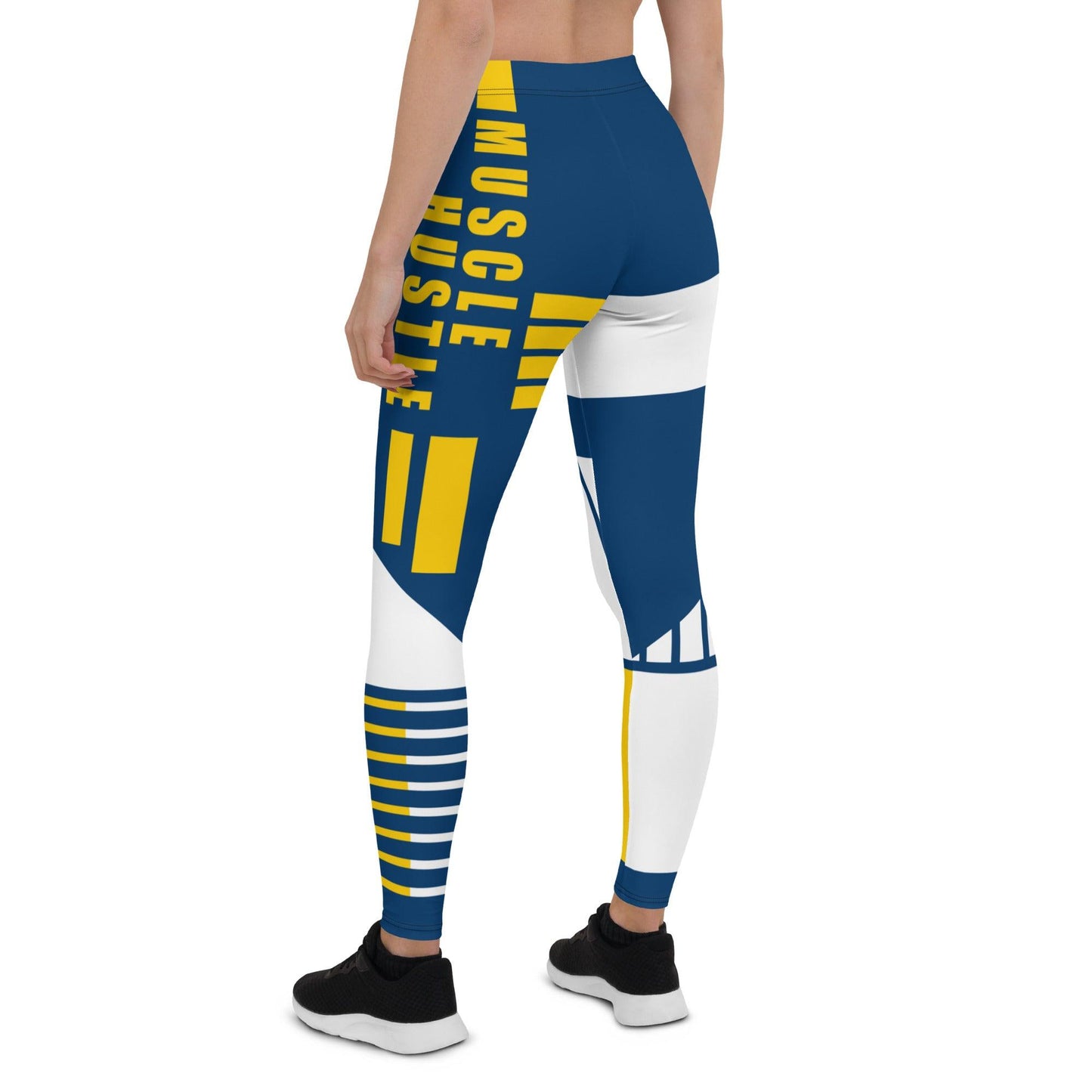 Back view of Victory Flex Leggings - Muscle Hustle Navy Edition showing the design and playful phrase "Muscle Hustle".