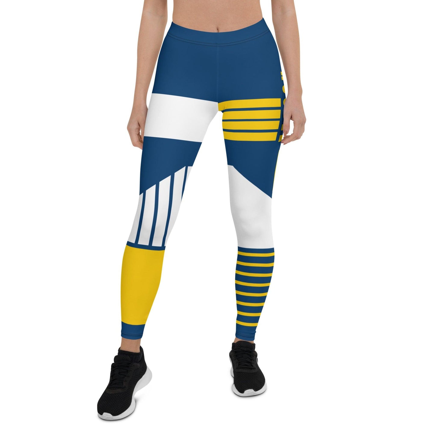 Front view of Victory Flex Leggings - Muscle Hustle Navy Edition featuring Navy Blue, Gold, and White color blocks with "Muscle Hustle" prominently displayed.