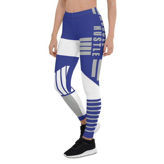 Front view of Victory Flex Leggings - Muscle Hustle Air Force Edition featuring Air Force Blue, Silver/Grey, and White color blocks with "Muscle Hustle" prominently displayed.