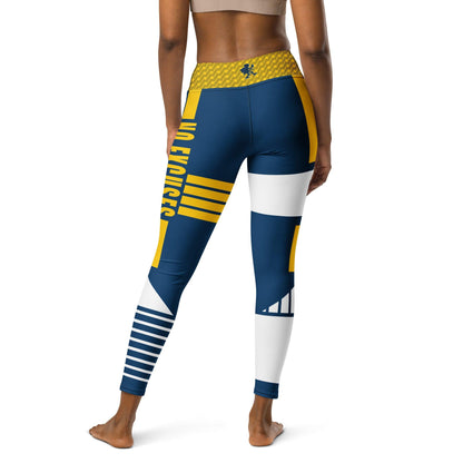 : Back view of Victory Flex Leggings - Navy Edition highlighting the symmetrical color block pattern and supportive fit from Grit & Grin Apparel