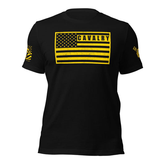 A black shirt ith yellow american flag and the text calvary cut inthe american flag, a patriotic military theme shirt only from Grit & Grin Apparel