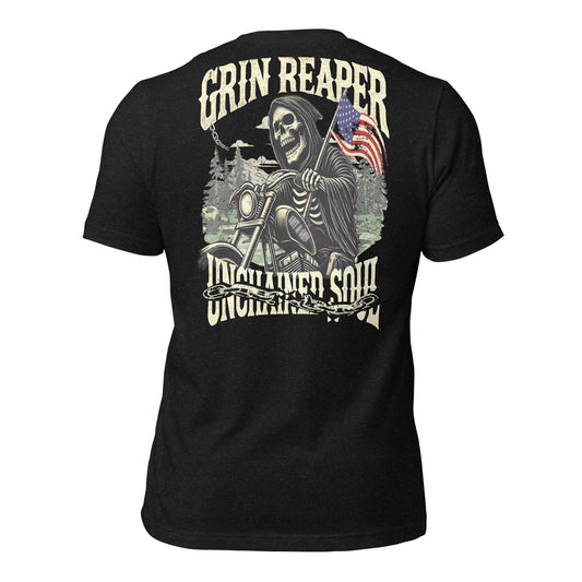 Grin Reaper Unchained Soul - Exclusive In Black Heather Unisex Tee - Grit & Grin